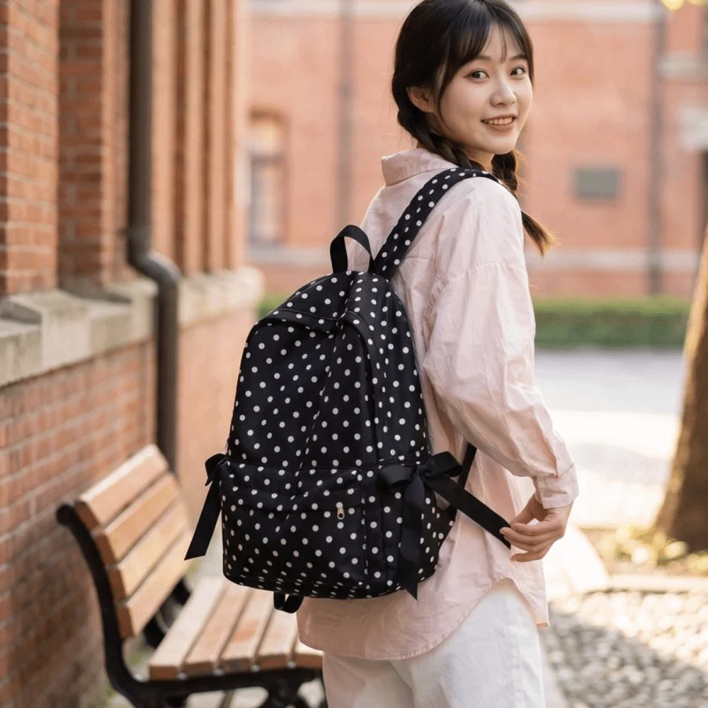 Cute Sweet Polka Dot Backpack Bowknot Design Minimalist Bow Rucksack Multiple Pockets Lightweight Student School Bag Commute