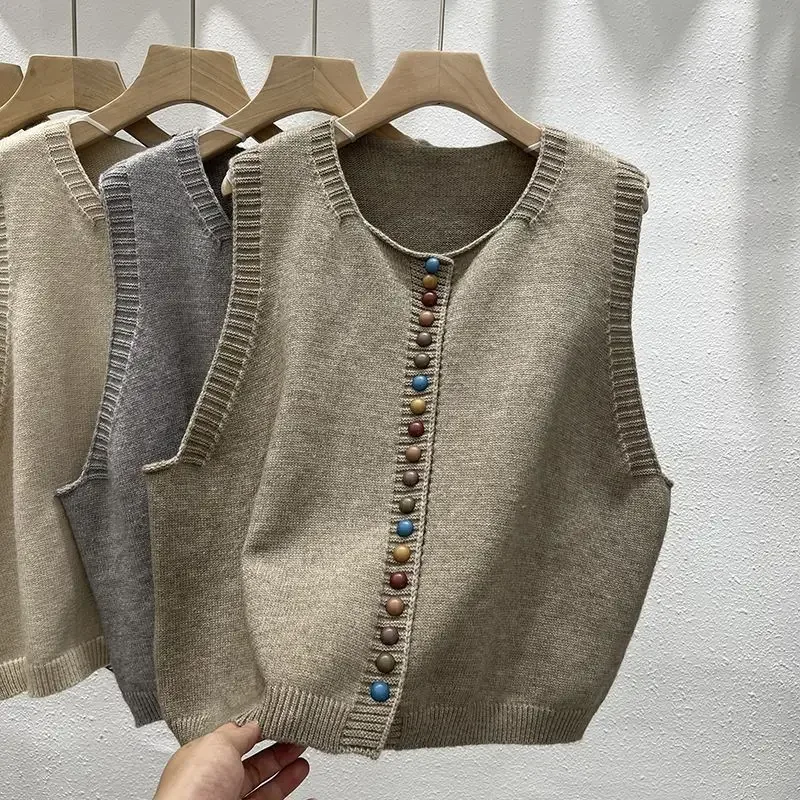 Colorful Button Knitted Vests Women Sleeveless Sweater Coat Design Waistcoat Tank Tops Trends Layering Wear Tops Fall Vests New
