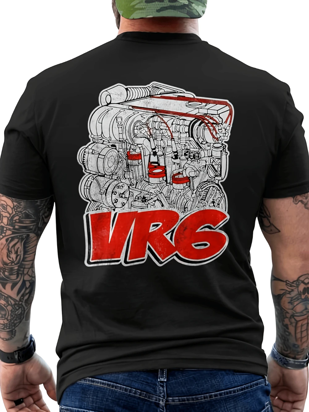 Men'S Vintage VR6 Engine Graphic Tee Apparel for Car Lovers Featuring Red and Black Mechanical Design Casual Short Sleeve