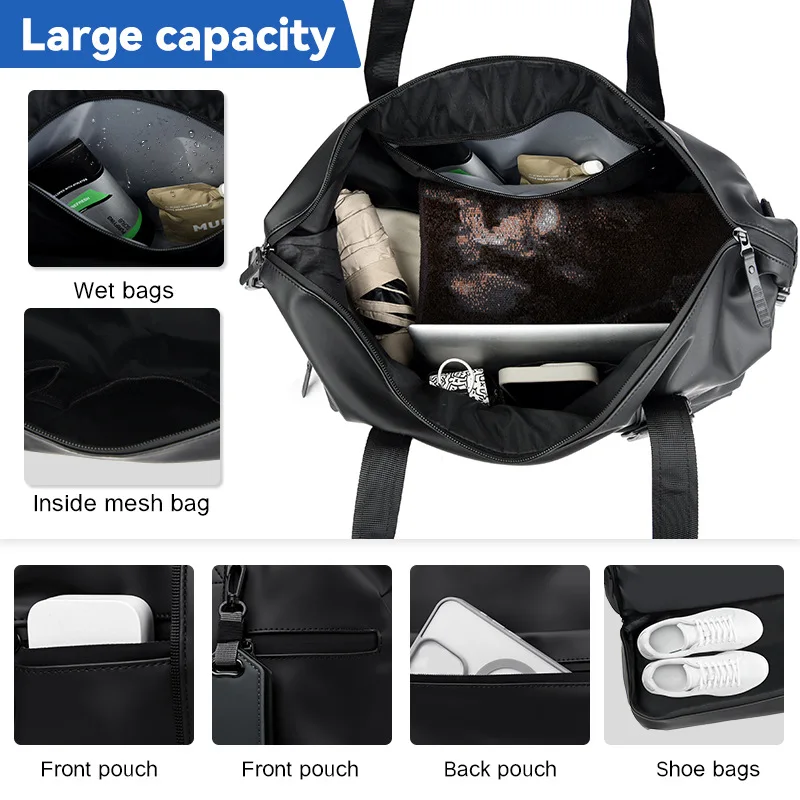 PU Travel Duffel Bag Large Carry On Luggage Bags Men Outdoor Crossbody Pack Tote with Shoe Pocket Dry Wet Separation Gym Handbag