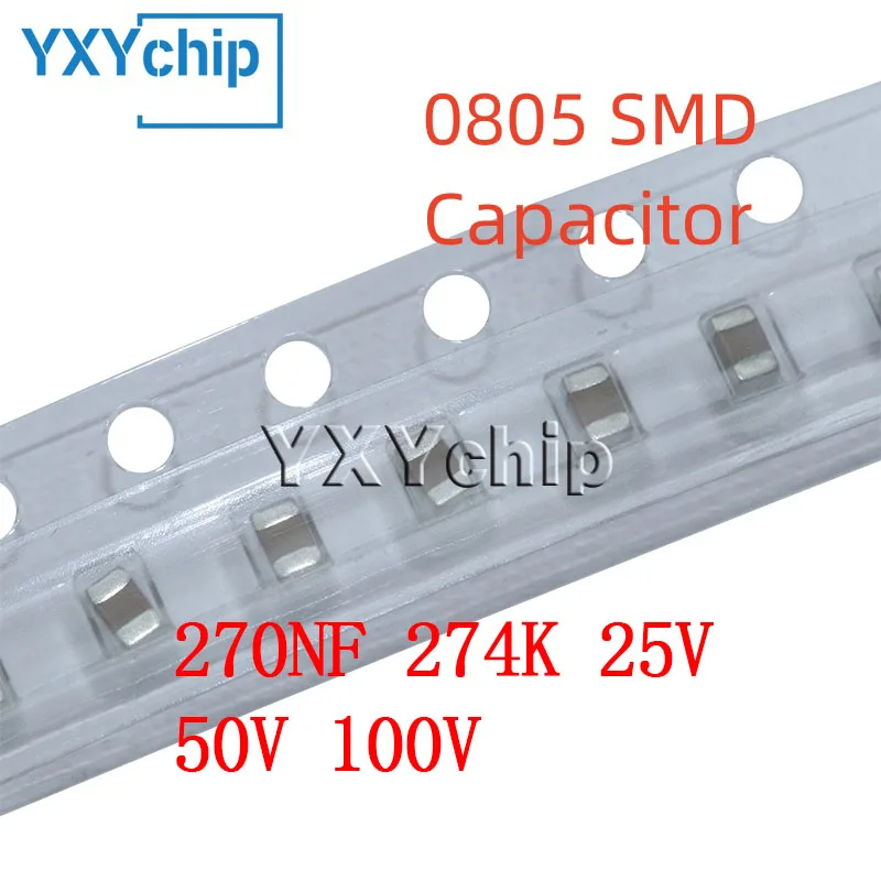 Capacitor cerâmico multicamadas, microplaqueta de SMD, 0805, 270NF, 274K, 25V, 50V, 100V, 10%, X7R, 2012, 50 PCes