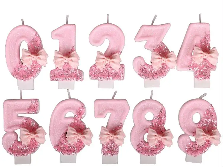 1 2 3 4 5 6 7 8 9 Zahlen-Kuchenkerzen Rosa Schleife Glitzer für Geburtstagskerzen 3D Zahlenkerzen Kuchendekoration Party Tortendeko DIY – Detail 4