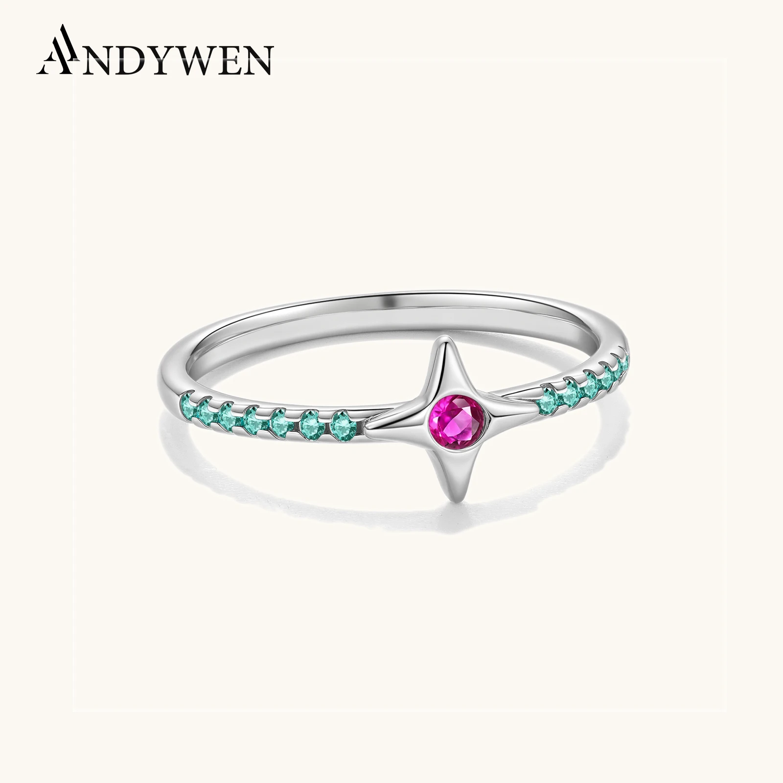 

ANDYWEN 925 Sterling Silver Star Motif Pink & Green Zircon Everyday Fashion Jewelry 2025 Women New Design Daily Gift