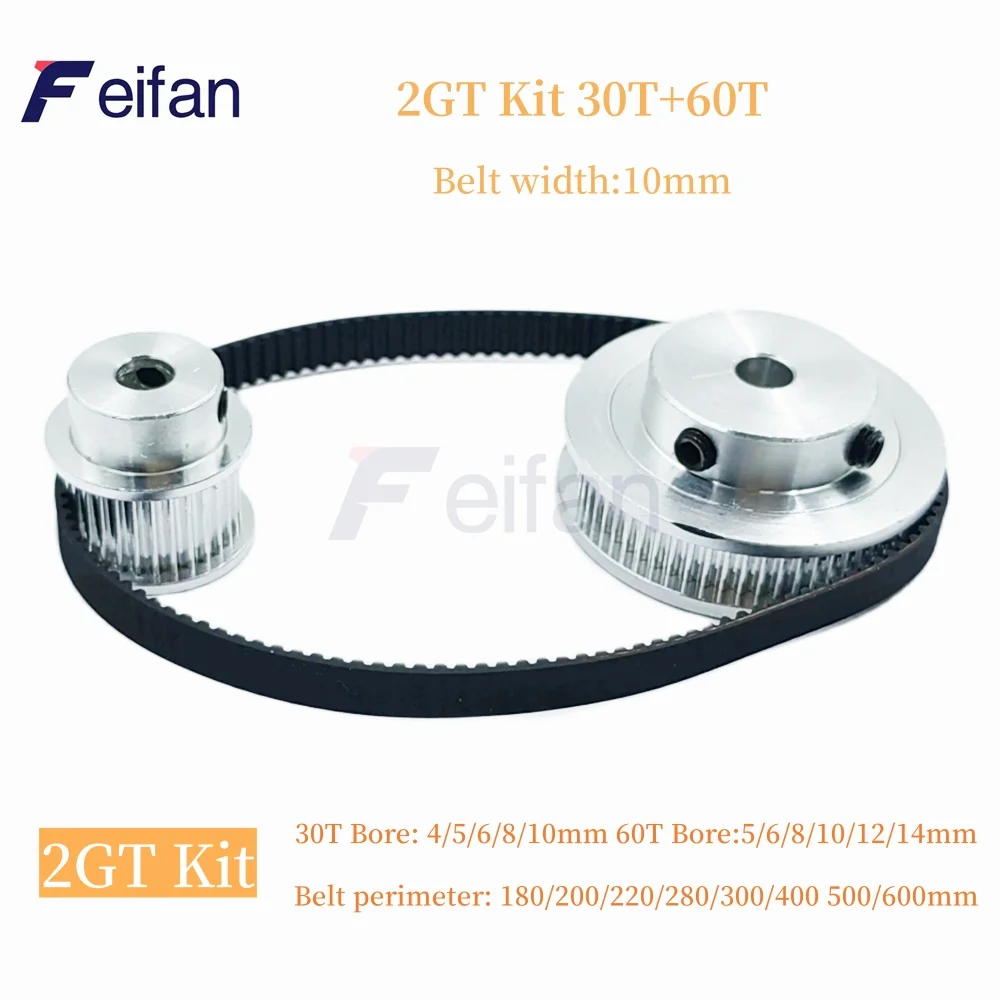 

60T 30Teeth 2GT Pulley Belt Kit Belt Width 10mm Reduction 2:1 Bore 4~14mm 3D Printer Synchronous Wheels 2M GT2 Timing Pulley Set