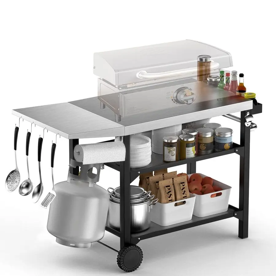 

Передвижной уличный обеденный стол-тележка, трехъярусная тележка-гриль из нержавеющей стали, многофункциональный рабочий стол для приготовления пищи на колесах