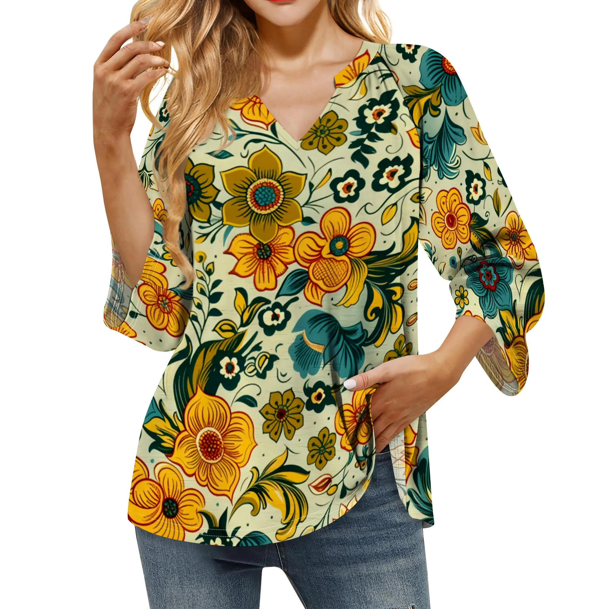 

3/4 Length Sleeve Womens Vintage Flower And Paisley Pattern Tops Summer V-Neck Blouses Tunic T-Shirts Dressy Casual
