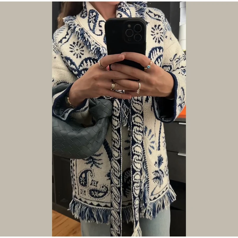 Knitted Jacquard Tassels Patchwork Cardigans Women Sweaters Long Sleeve V-neck Thicken Vacation Sweater 2025 Autumn Coats Tops