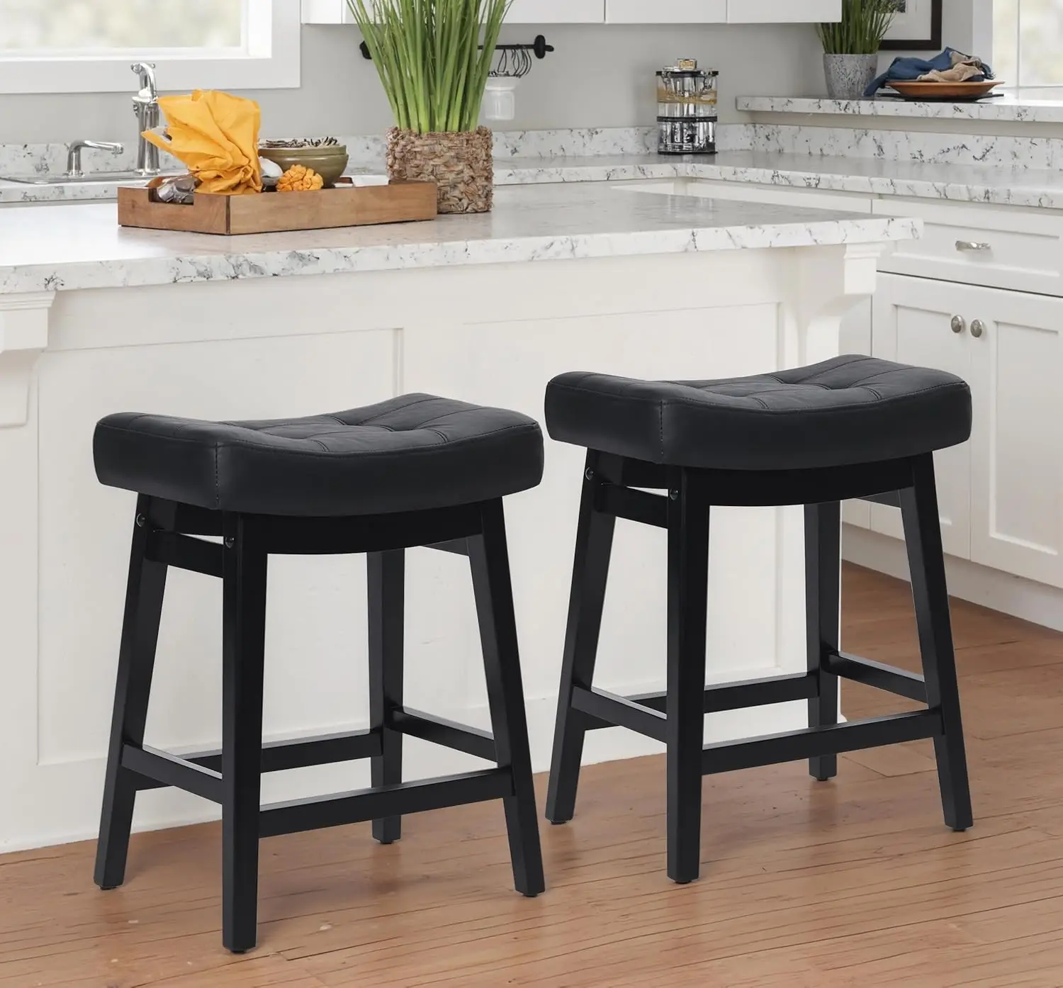 

Height Black Bar Stools Set of 2 for Kitchen Counter Farmhouse Modern Barstools with Faux Leather Upholstered Backless S