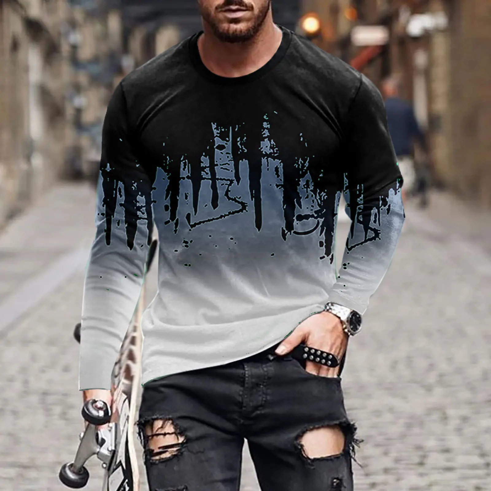 2024 Autumn Men's Ink Painting Series 3D Digital Printing Long Sleeve T-shirt Round Neck Top Long Sleeve Casual