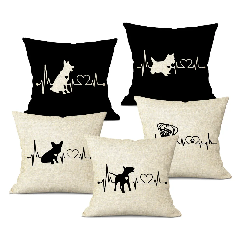 Black and White Animal Cushion Cover Dachshund Dog Shapi Dog Wave Heart Print Sofa Decorative Pillow Case