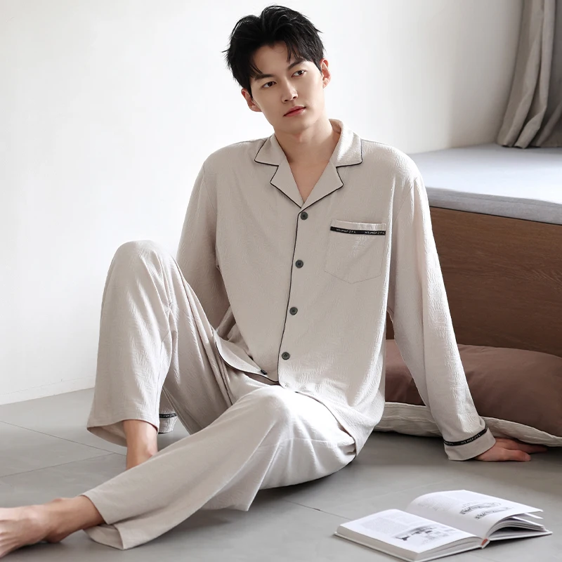 

Spring and Autumn Men Pajamas Set Knited Cotton Turn-down Collar Pijama