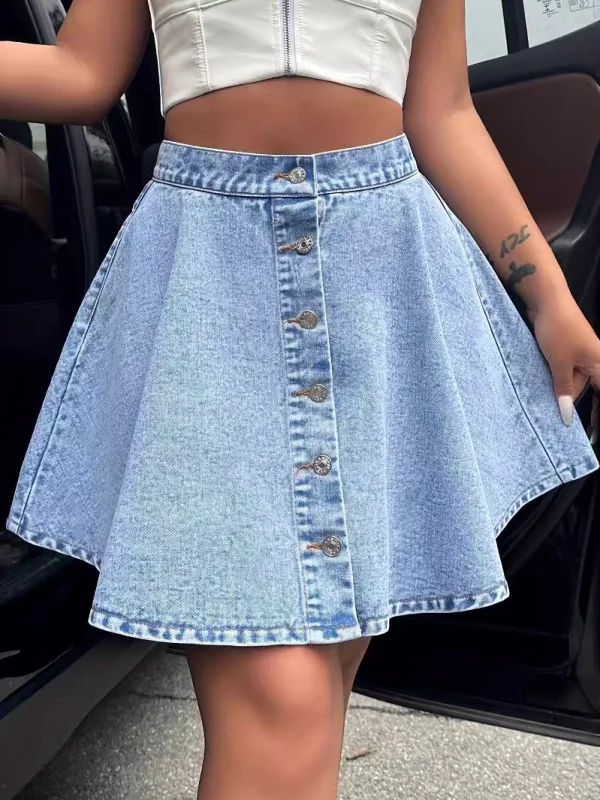 Cintura alta solta ajuste na moda saia jeans feminina casual el sle botão detalhe cintura alta design a linha saia ort