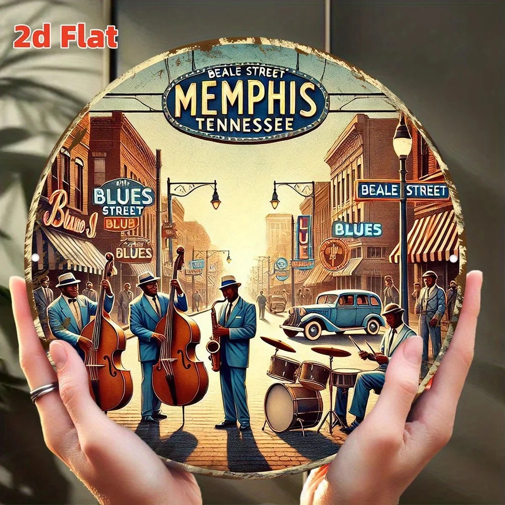 2D plano, Memphis Jazz Music Street Scene Wall Art - Sinal redondo de alumínio com Beale Street Blues e Bistro Design, música vintage