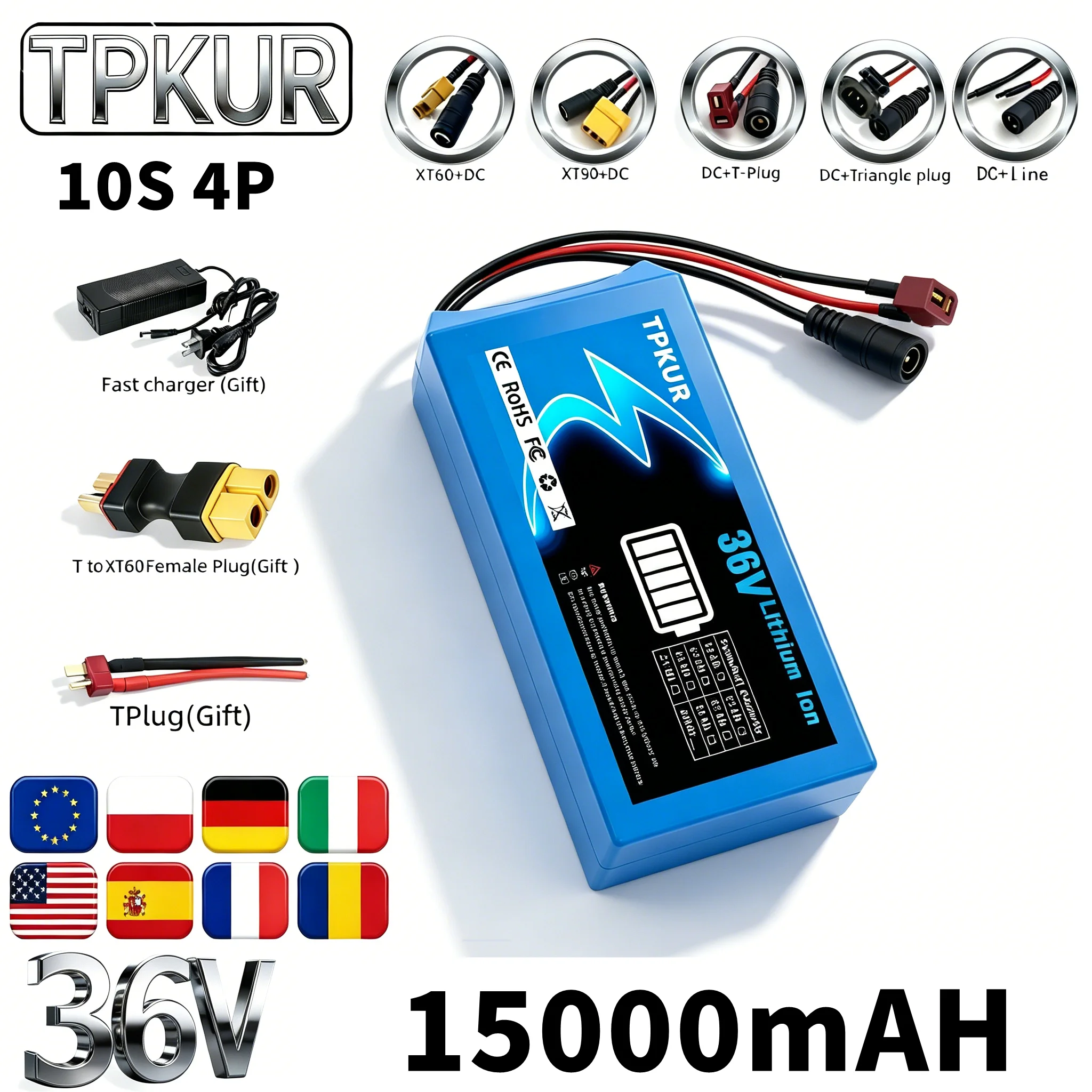 

36V 10S 4P 18650 Battery Pack 10000mAh Fit 200-1000W Commuting Equipment With BMS Protection and Charger