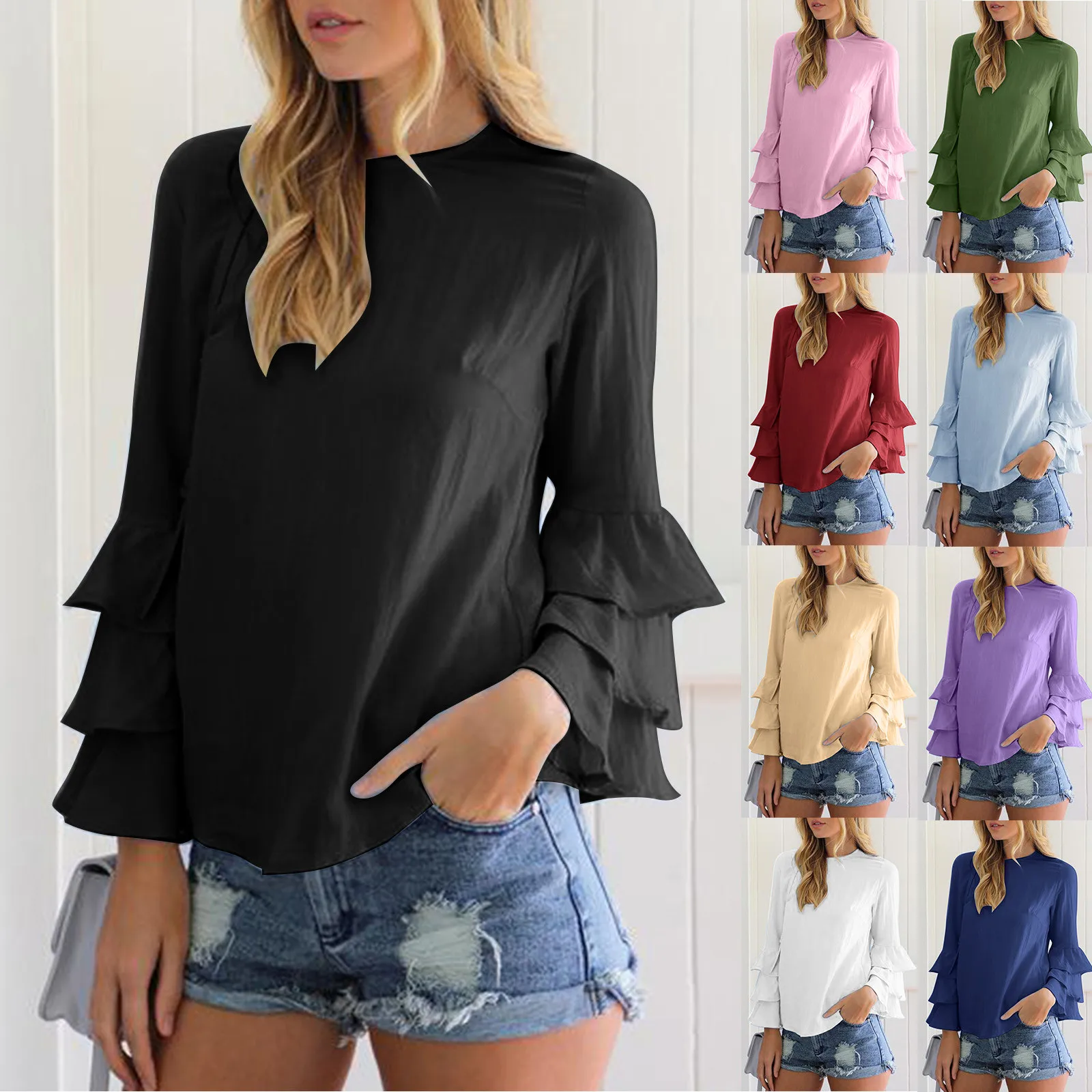 

Women's Round Neck Long Sleeve Pullover 2023 Summer Back Split Round Neck 3-layer Lotus Leaf Long Sleeve Slim Solid Sweatshirt