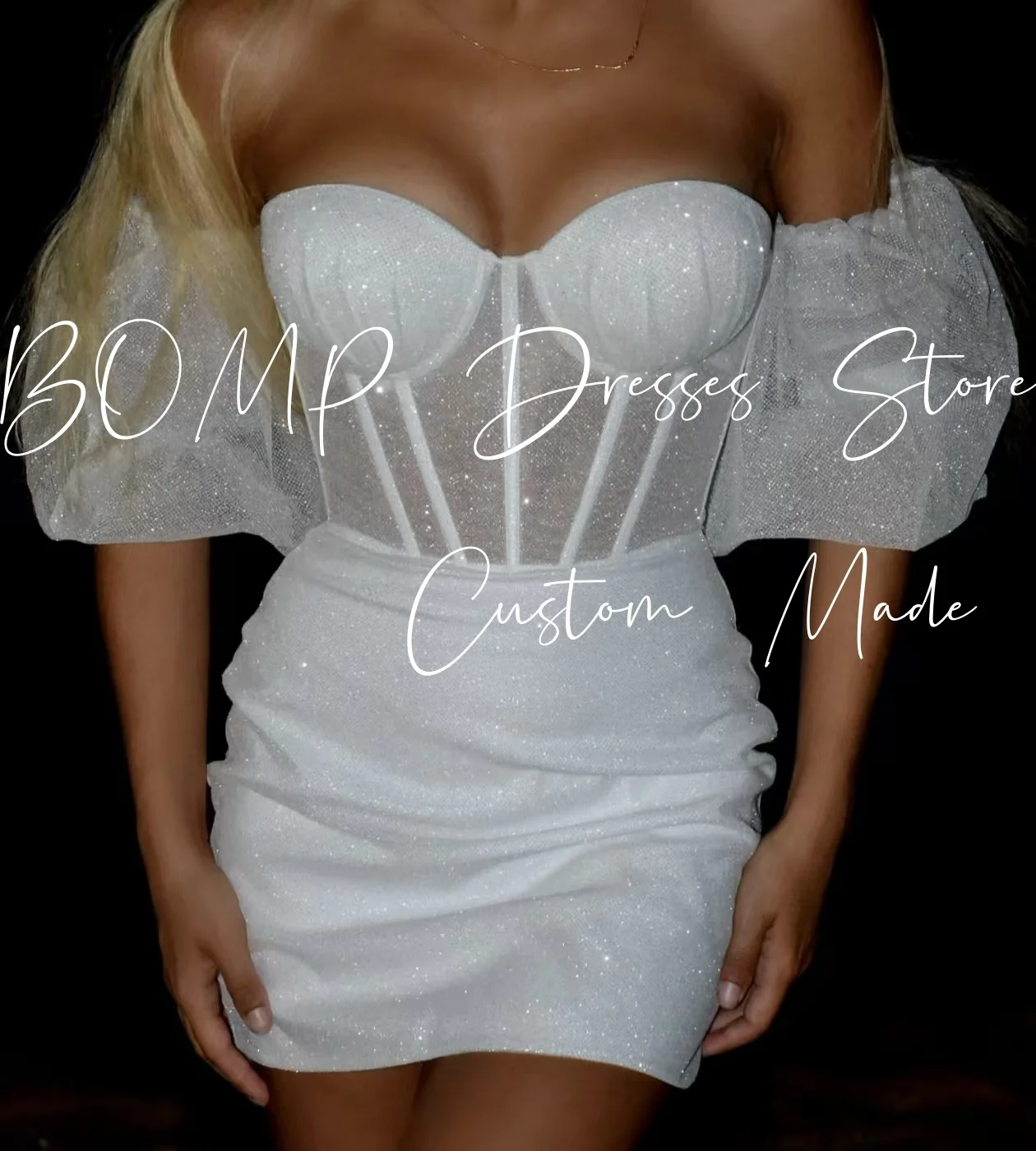 BOMP Elegante abito da cerimonia nuziale bianco con spalle scoperte maniche corte corsetto raso lucido occasione speciale abito corto da ballo personalizzato