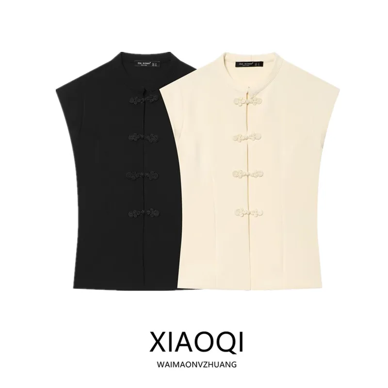 

New Summer 2026 Women's Fashion Ultra-Short Sleeve Zhongshan Collar Elastic Top with Rope Knot Buckle Slim Fit Casual Style