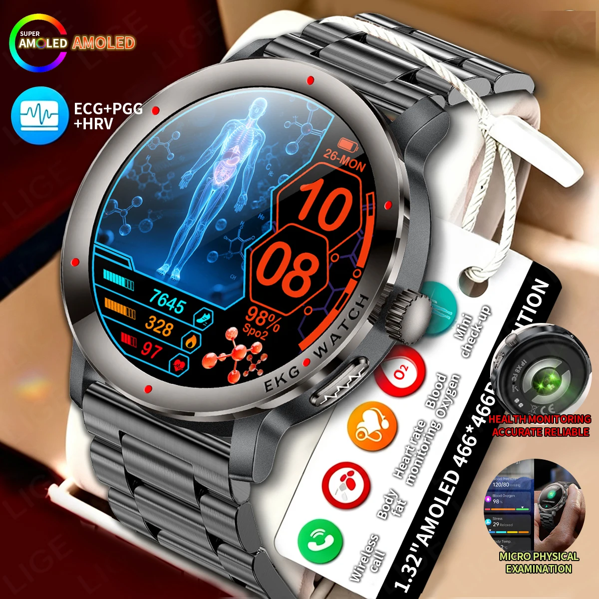 LIGE 2026New ECG Smart Watch Men 1.32" AMOLED Screen 24H Health Body Composition Analysis Monitor men Smartwatch For Android ios