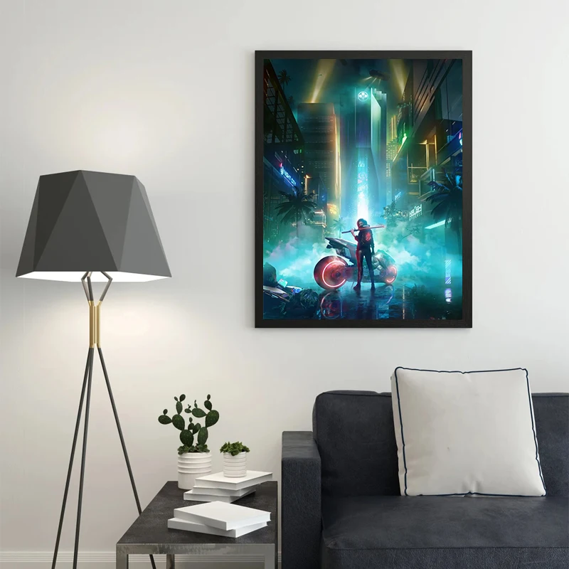 Cyberpunk Neon Motorcycle Car Poster Canvas Printing Motorcycle in Street Wall Art Decor Fantasy Street View for Wall Decoration