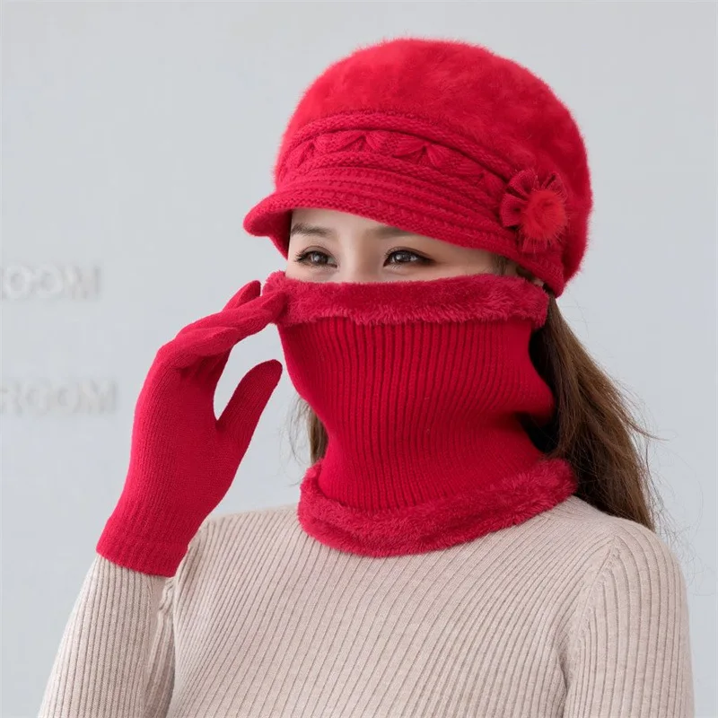 Women\'s Winter Hat Scarf Set Knitted Keep Warm Elegant Wool Solid Floral Decoration Thick Windproof Cap Scarf Gloves 3 Pieces