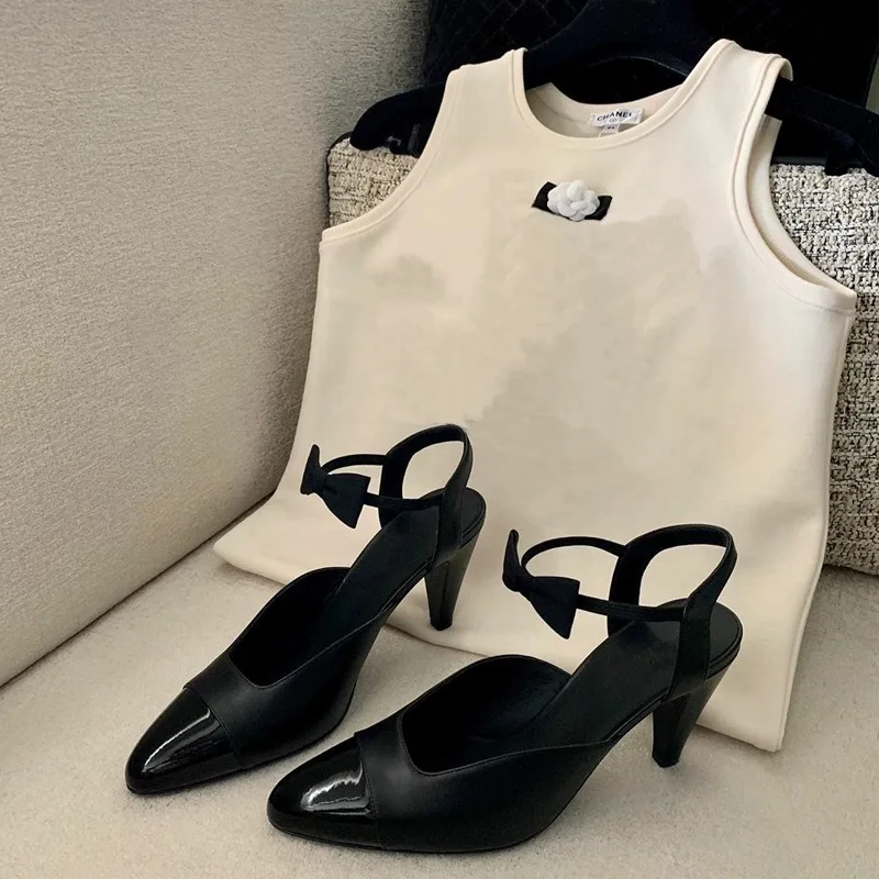 Gold Bow French Style Pumps Colorblock Leather Mary Jane Women High Block Heel Shoes Sandalias Mujer Verano Chaussure Femme