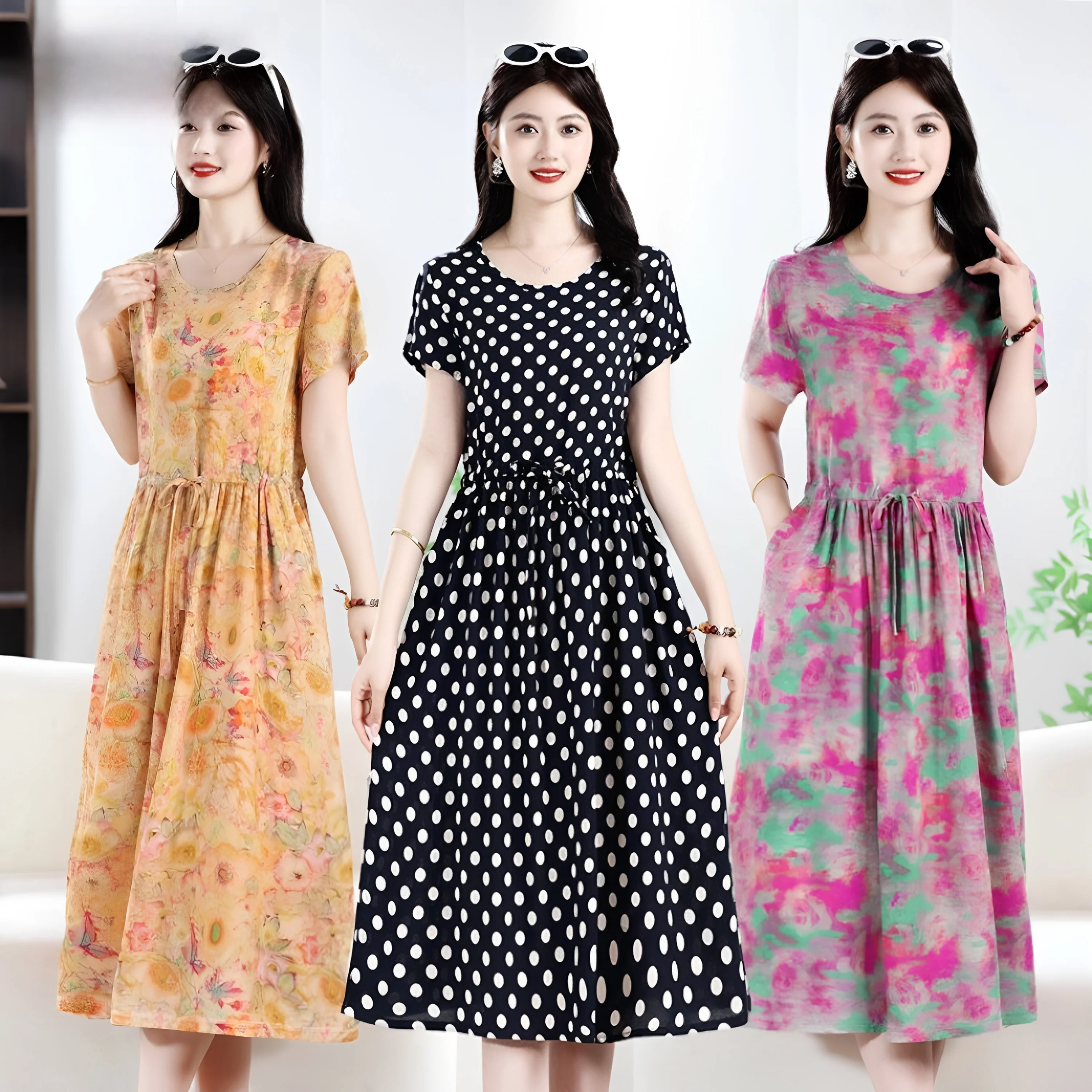 summer-new-cotton-silk-long-dress-women's-outerwear-with-pockets-thin-drawstring-short-sleeve-floral-print-artificial-cotton