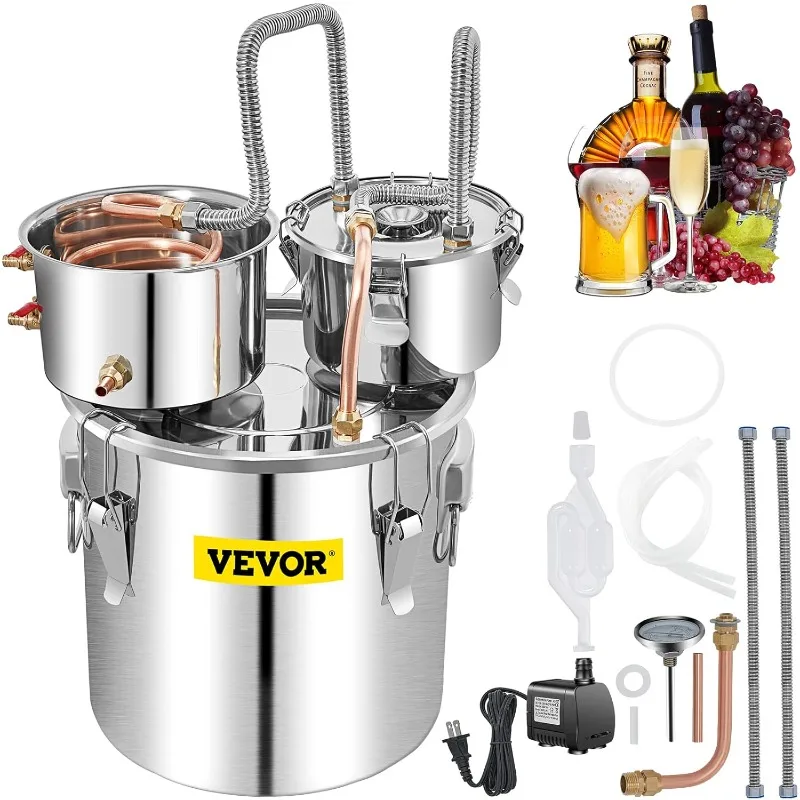 VEVOR Alcohol Still, 13.2Gal / 50L Stainless Steel Water Alcohol Distiller Copper Tube Home Brewing Kit Build-in Thermometer