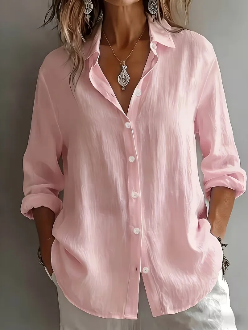 Women's Solid-Color Loose Shirt with Draping Texture, Long-Sleeve Lapel Design with Single Row Buttons, Versatile Style Suitable