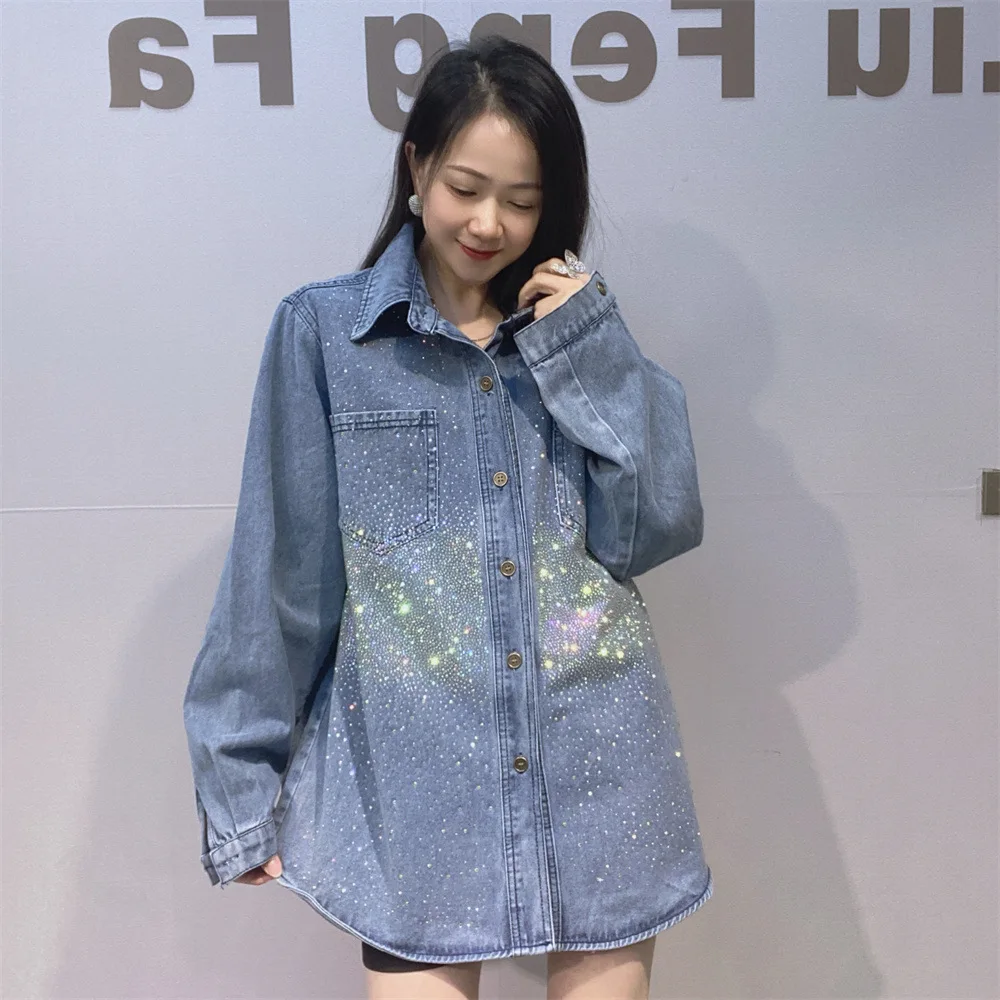 

Женская джинсовая рубашка оверсайз с длинным рукавом, повседневная, с ромбовидным узором, весна-осень 2026