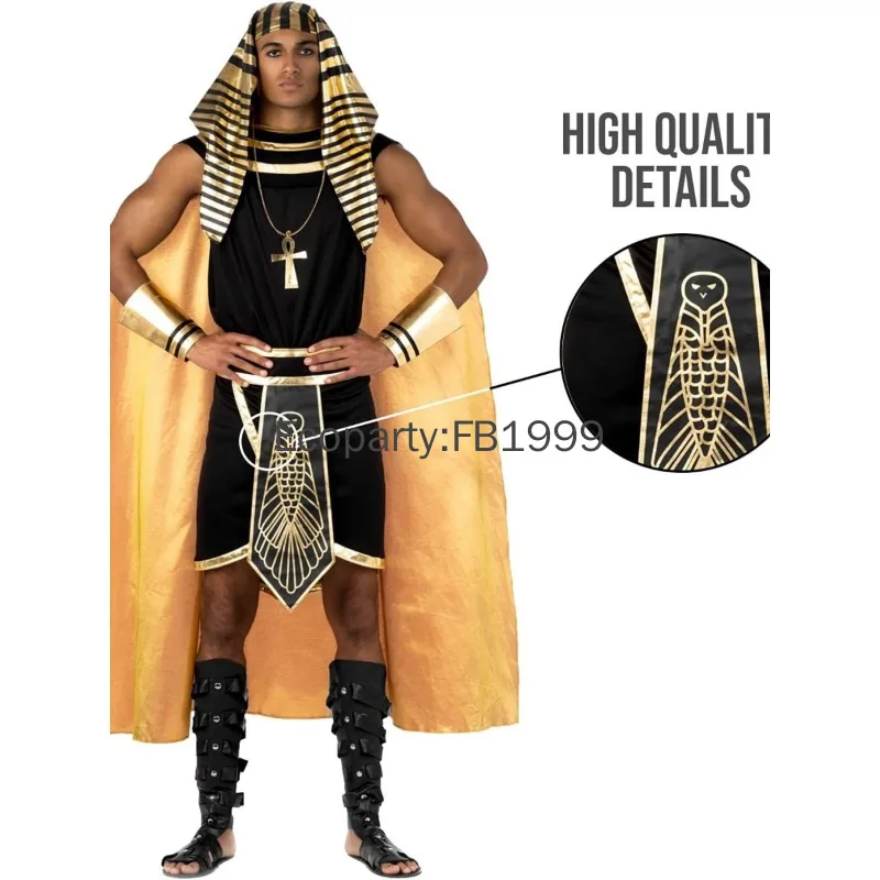 

New Men Egyptian Costume King of Egypt Cosplay Robe with Headwear Accessories Adult Halloween Carnival Party Outfits