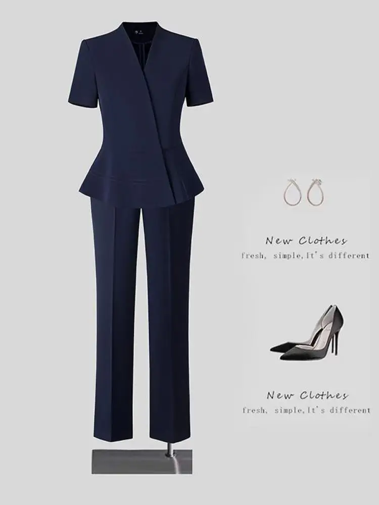 Tuta da lavoro professionale da donna estiva Giacca blazer a maniche corte con scollo a V solido e pantaloni alla caviglia a vita alta Nuovo set da due pezzi