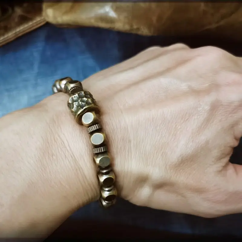 Meteorite Pattern Solid Pure Brass Bracelet Men's Old Retro Color-free Original Personalized Square Bead Pure Copper Bracelet