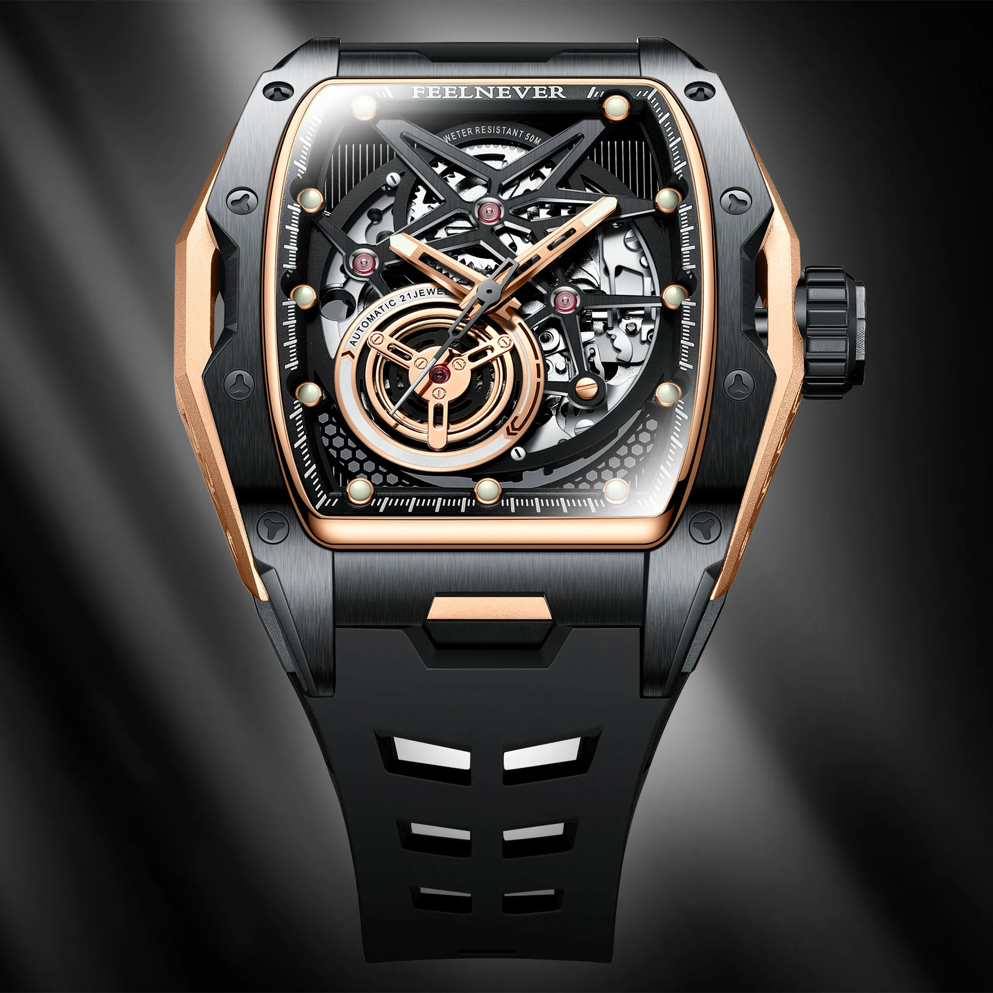 FeelNever Hollow Tourbillon Men's Watches Luxury Automatic Watch For Men Mechanical wristwatch Direction Sapphire Luminous Clock view 5