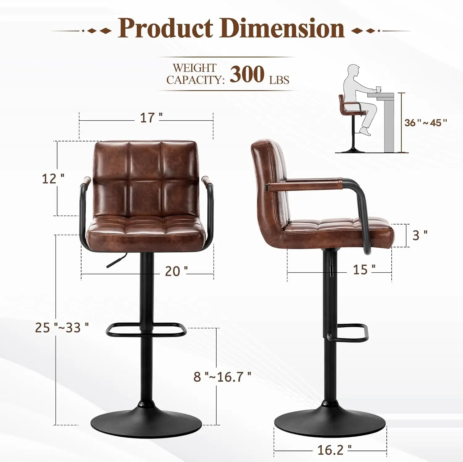 등받이가 있는 바 스툴 2개 세트, 팔걸이가 있는 현대적인 사각형 PU 가죽 주방 스툴, 조절 가능한 카운터 높이(다크 브라운)