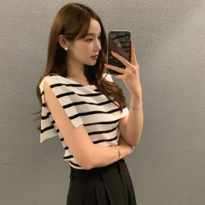 Slash Neck Crop Top Shoulder Slim Split Off Fit Short Sleeve Knit Shirts For Y2k 2026 Women Graphic T Striped Grunge
