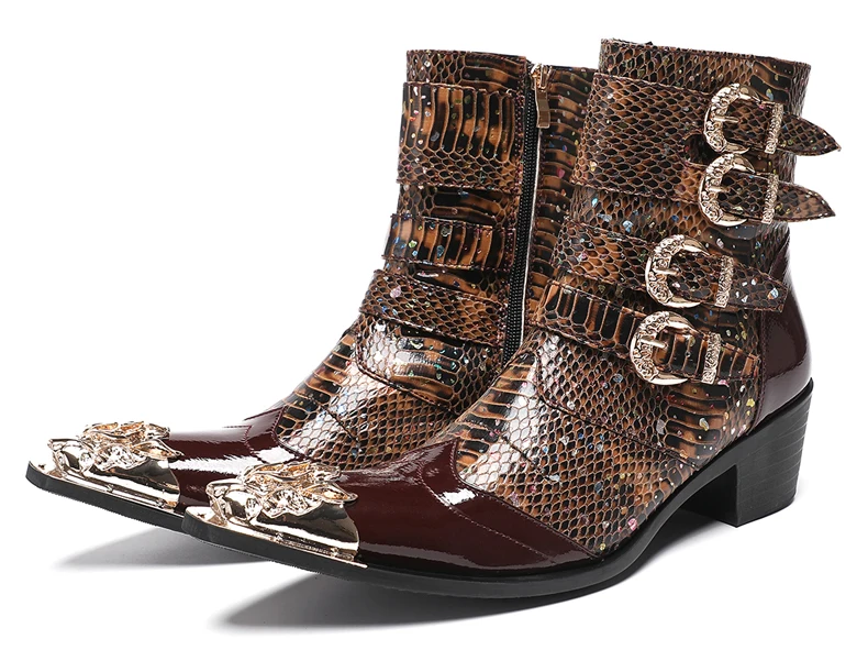 Neue Punk Stil Niet Gürtel Schnalle Dekor Männer Mid-Kalb Stiefel Metall Spitz Spleißen Leder Schuhe Männlich Lace-up Motorrad Stiefel – Detail 10