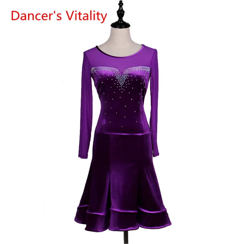 

Long sleeved dance skirt girl dress high-grade diamond Latin dance costumes