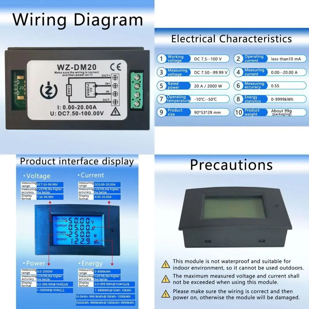 

R9UF LCD Display Digital Current Solar Power Meter Multimeter Ammeter Voltmeter Wattmeter Electrical Panel Gauge