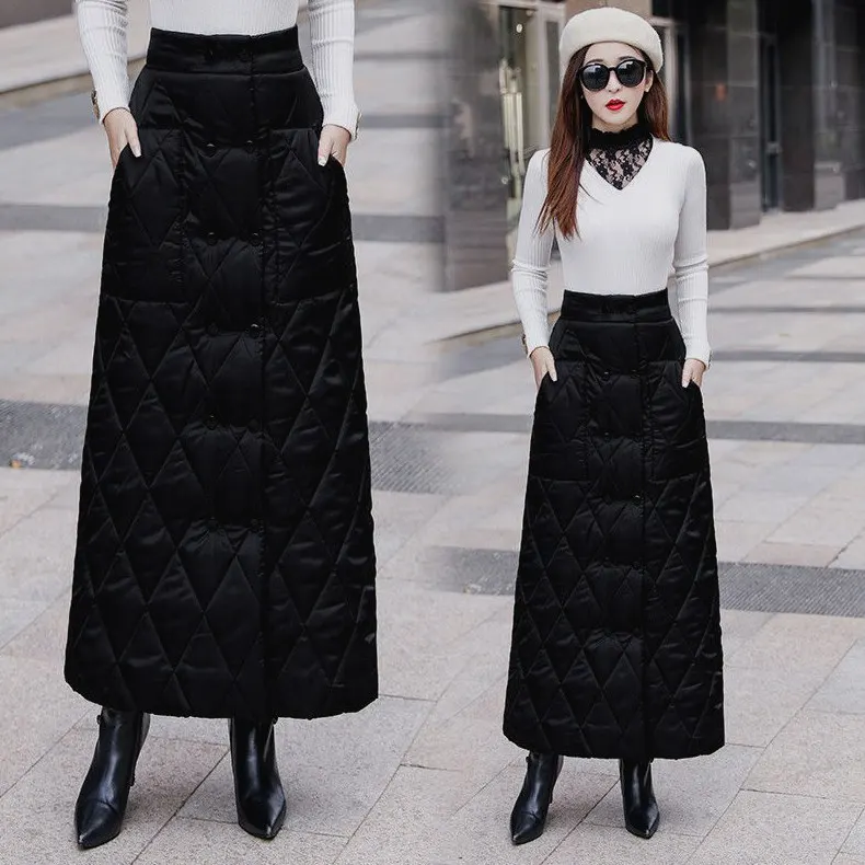 Thickened Warm Mid-Length down Cotton Half Skirt Double-Breasted A-Line Bodycon Skirt New Autumn Winter One-Piece Skirt