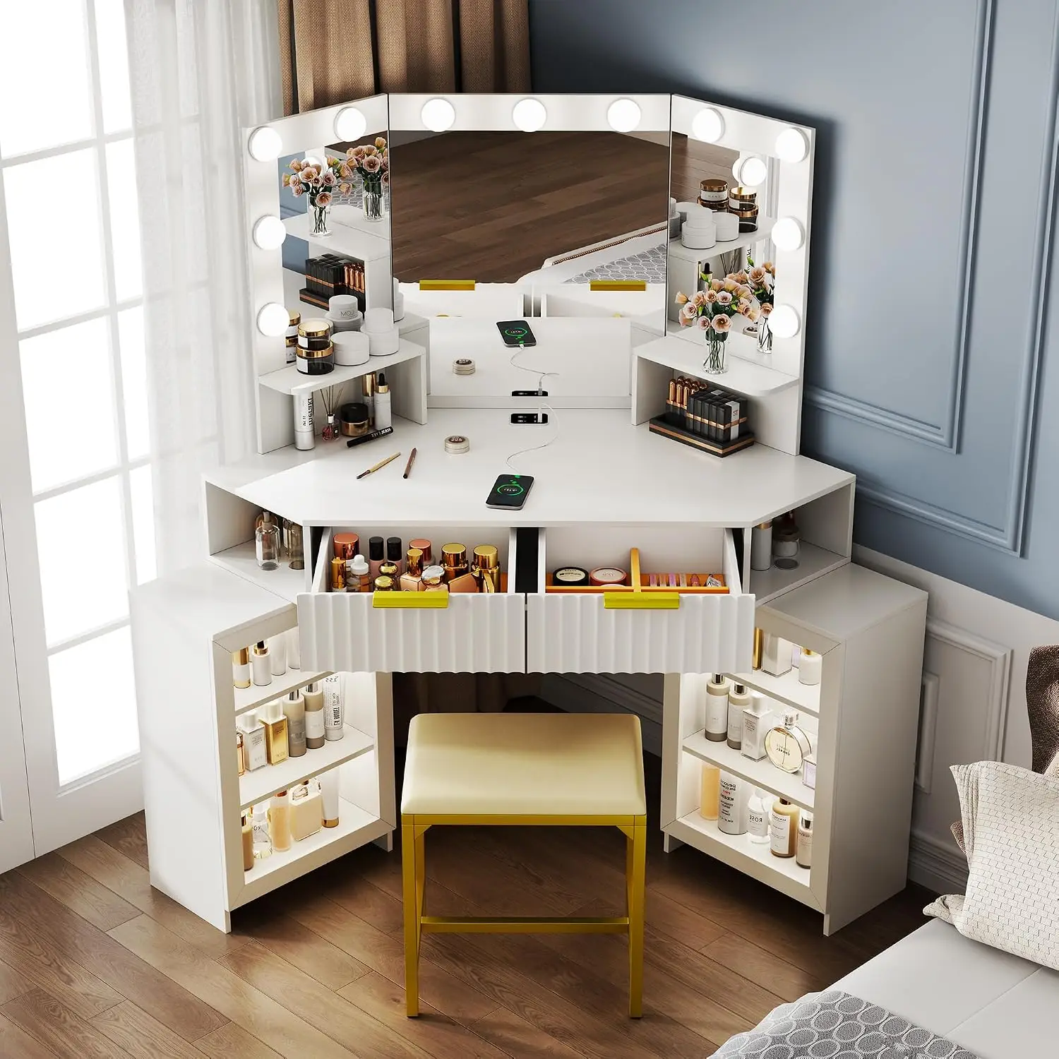 Vanity Desk with Charging Station & LED Lights Mirror – Corner Design HD Triple Mirror Makeup Vanity Table Set with Storage Draw