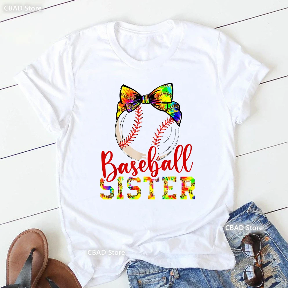 Rainbow Baseball Sister Graphic Print T Shirt Women'S Clothing Watercolor Bow Tshirt Femme Summer Tops Fashion T-Shirt Female