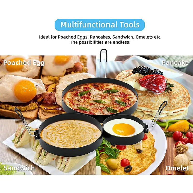 ABBY-4X Non Stick Egg Rings,4 In&6 In&8 In Pancake Rings,Fried Egg Poacher Egg Cooking Mold With Oil Brush