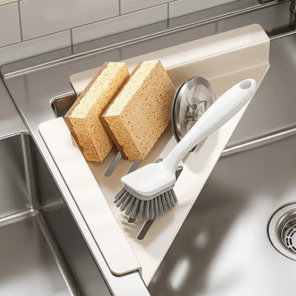 Carbon Steel Sink Corner Rack Hollowed Triangular Sink Sponge Holder Waterproof Space Saving Sink Storage Holder Bathroom