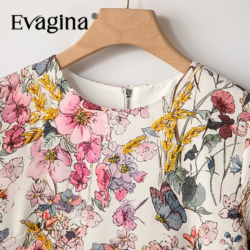 Evagina vestido feminino elegante com estampa floral primavera verão novo jacquard de manga curta com miçangas vestidos linha a