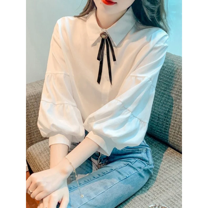 Women Korean Bow Sweet Kawaii Shirts Spring Summer Solid 3/4 Sleeve Loose Elegant Blouses Chic Casual Tops Blusa Mujer Moda 2023