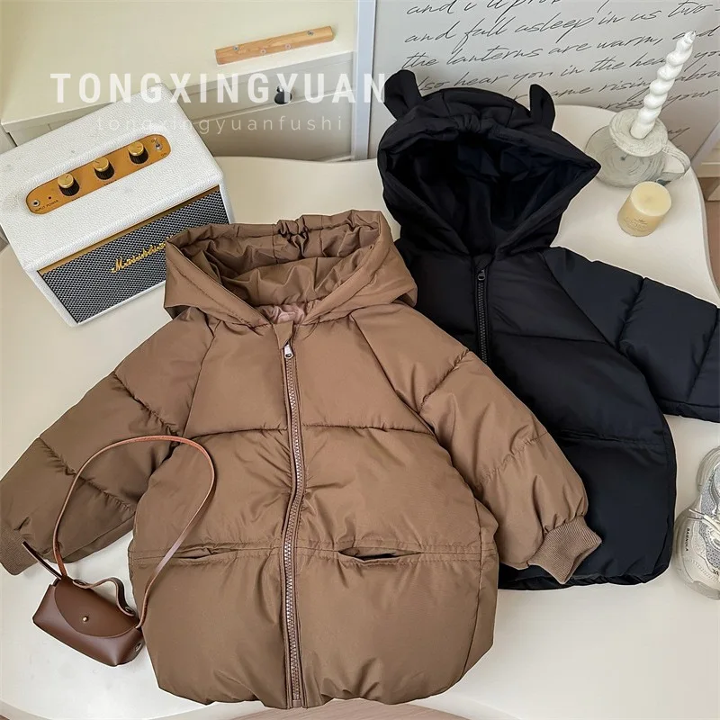 2024 Winter New Childrens Boys Cotton Quilted Jacket Thick Hooded Solid Warm Kids Boys Outerwear Coat Toddler Boys Parkas