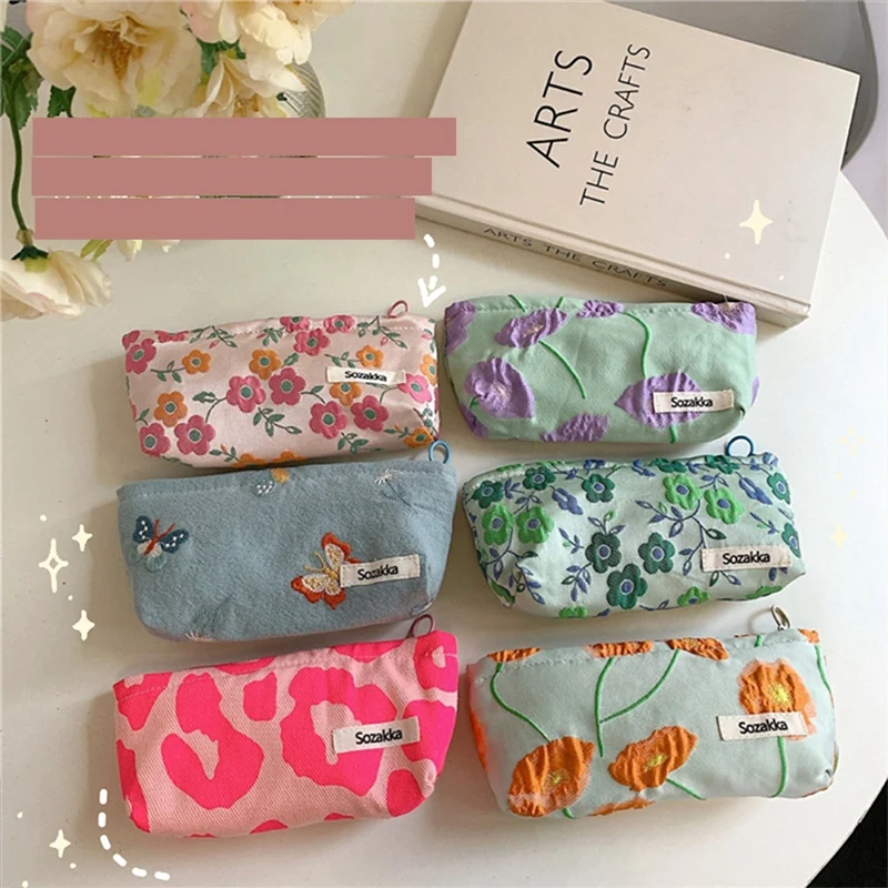 Vintage Small Floral Cosmetic Bag For Women Mini Cute Makeup Cotton Fabric Toiletry Bag Pencil Case Organizer Pouch For Brushes