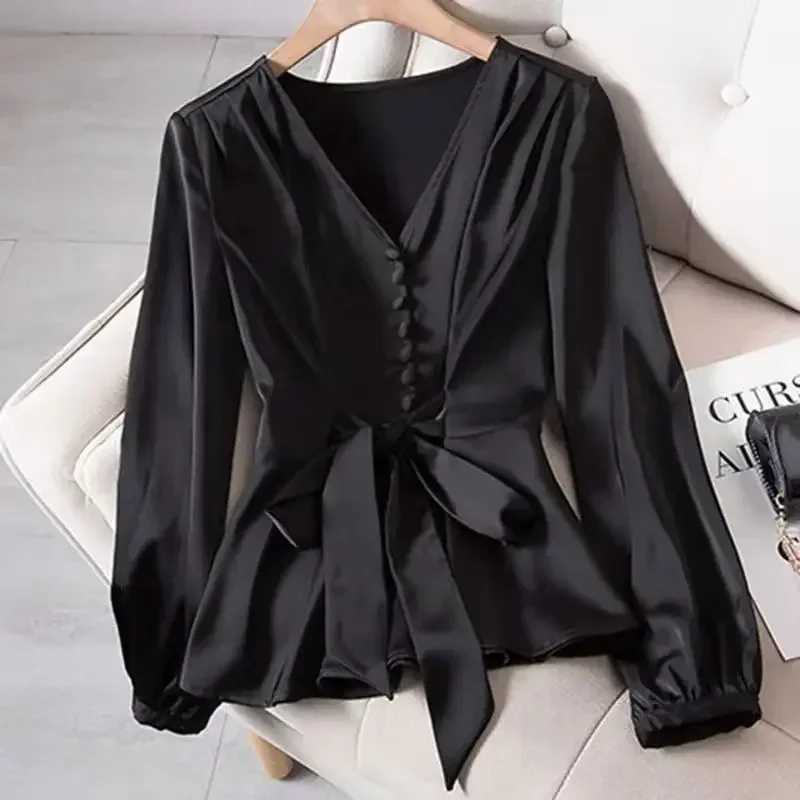 

Блузка TPJB женская с V-образным вырезом, элегантная однотонная черная рубашка с пуговицами и бантом, Модный облегающий Топ с длинным рукавом, Дамская одежда