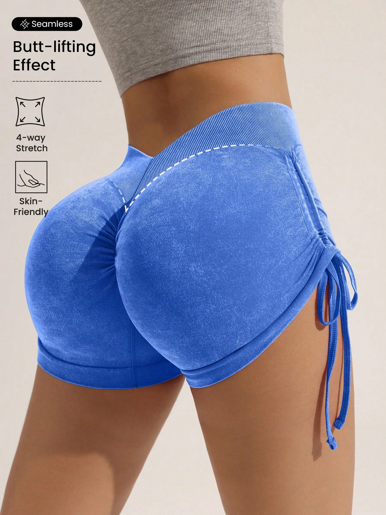 Kurze Shorts mit Kordelzug für Damen, pfirsichfarben, formgebend für den Po, ideal zum Fitness- und Radfahren, dreiteilige Hose, zum Laufen und für andere Sportarten, kurze Shorts. – Detail 1