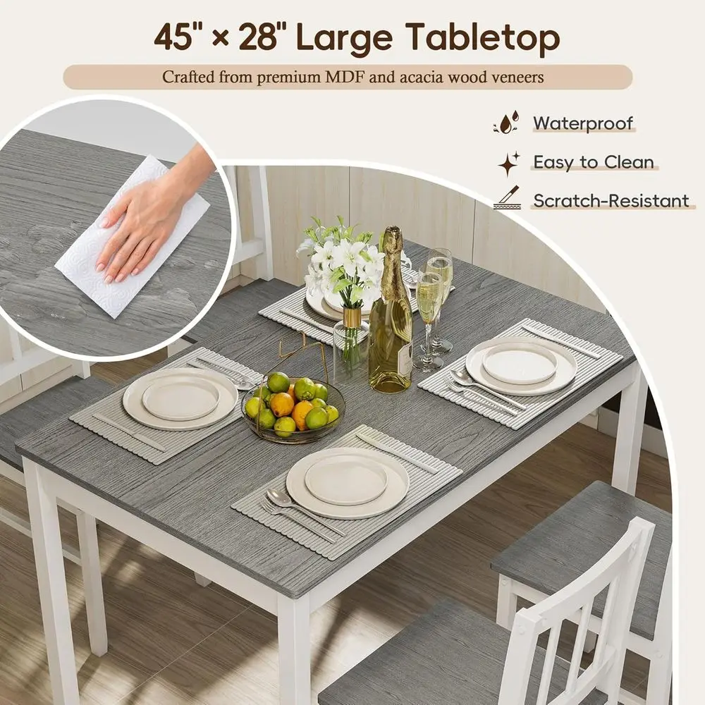 طقم طعام من الخشب الصلب بأربعة مقاعد، طاولة مطبخ مدمجة مع كراسي، مثالية للمساحات الصغيرة، رمادي وأبيض #6